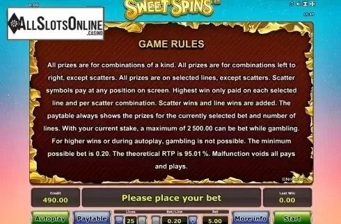 Paytable 3. Sweet Spins from Greentube