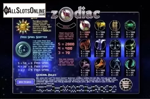 Paytable 1. Zodiac (Genii) from Genii