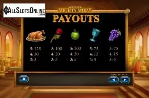 Paytable. Age of the Gods: Mighty Midas from Playtech Origins