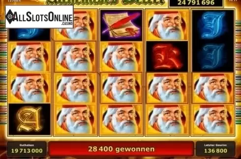 Mega Win screen. Alchemist's Secret from Novomatic
