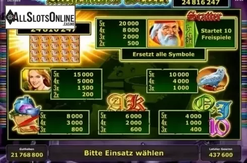 Paytable 1. Alchemist's Secret from Novomatic