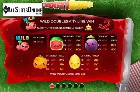 Paytable. Frooti Booti from Slingo Originals