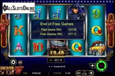 Win Presentation screen. Legends of New York from Ainsworth