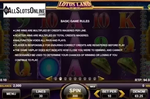 Paytable 2. Lotus Land from Nektan