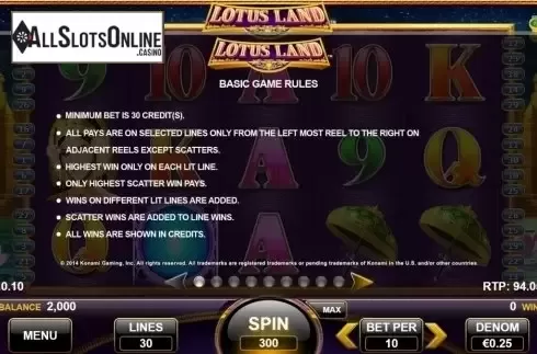 Paytable 1. Lotus Land from Nektan