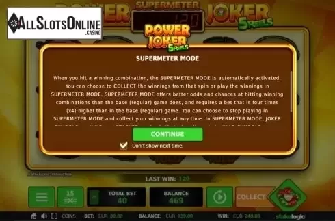 Supermeter Mode screen. Power Joker 5 Reels (Classic Joker) from StakeLogic