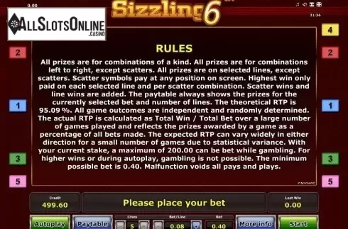 Paytable 3. Sizzling 6 from Greentube