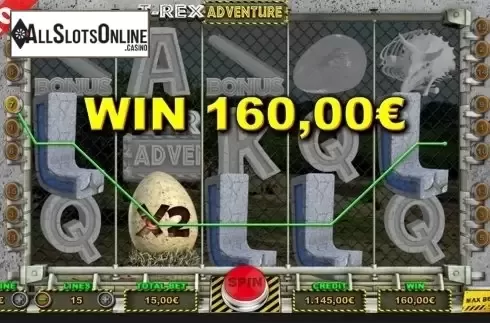 Multiplier win screen. T Rex Adventure from Capecod Gaming