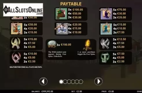 Paytable screen