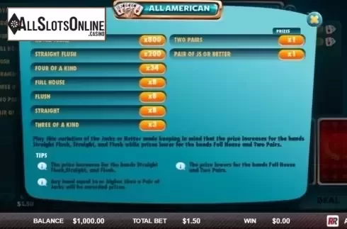 Paytable. All American (Red Rake) from Red Rake