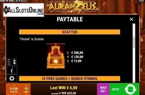 Paytable 2. Aura of Zeus from Gamomat