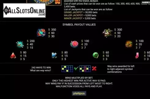 Paytable and paylines screen