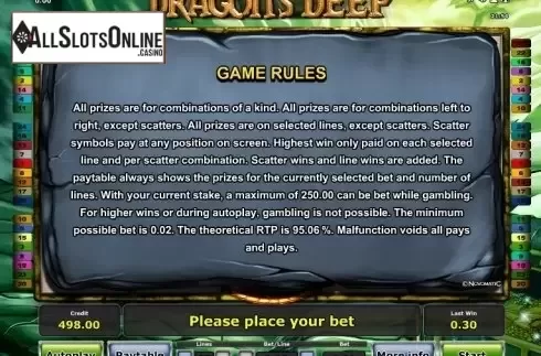 Paytable 3. Dragon's Deep from Greentube