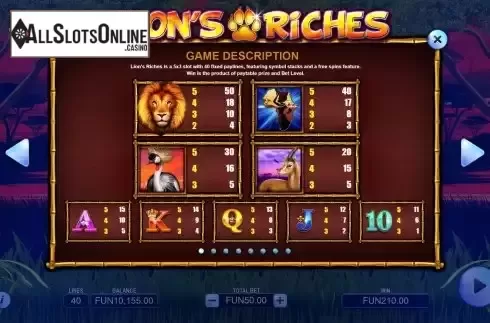 Paytable screen