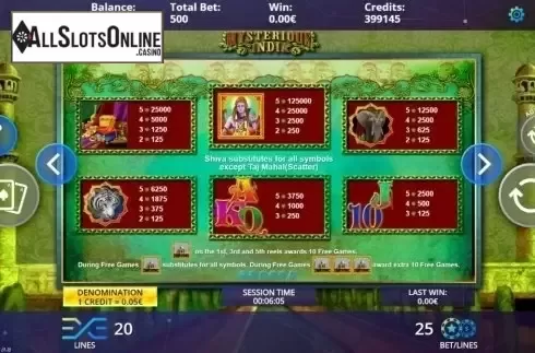 Paytable. Mysterious India from DLV