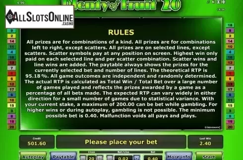 Paytable 2. Plenty of Fruit 20 from Greentube