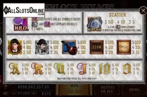 Paytable. Sherlock Holmes (CQ9Gaming) from CQ9Gaming