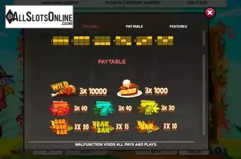 Paylines and paytable screen