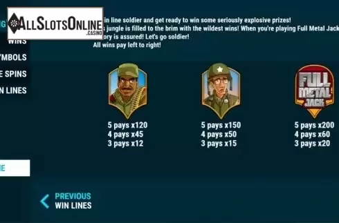 Paytable 1. Full Metal Jack from Slot Factory