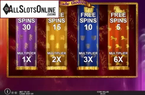 Free spins  screen 1. Lady Godiva (Pragmatic) from Pragmatic Play