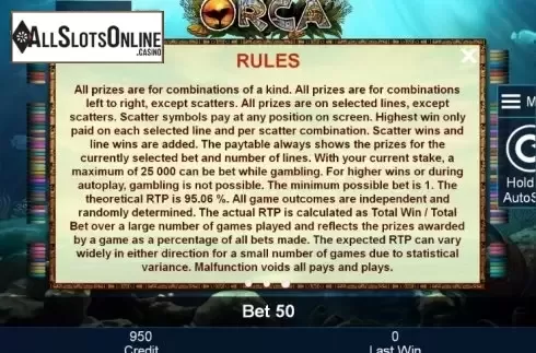 Paytable 3. Orca from Greentube