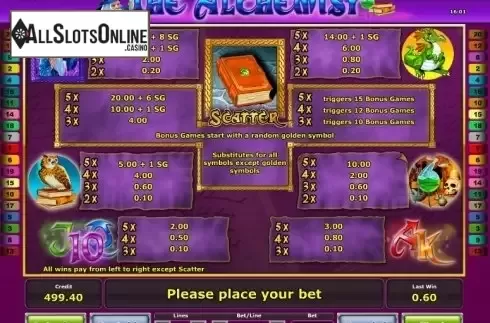 Paytable 1. The Alchemist (Green Tube) from Greentube