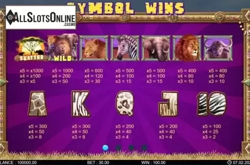 Paytable screen 1. Big 5 Africa from 7mojos