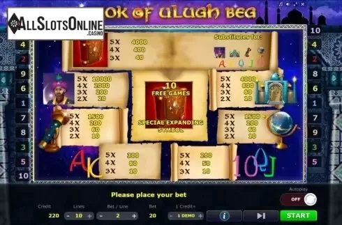 Paytable. Book of Ulugh Beg from Five Men Games
