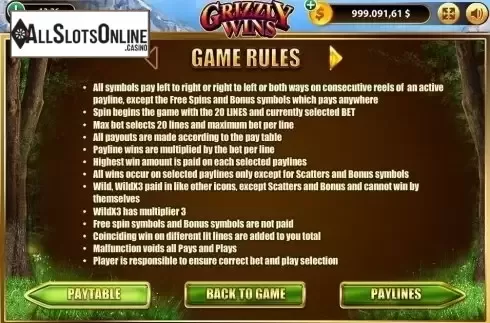 Paytable 1. Grizzly Wins from Bwin.Party