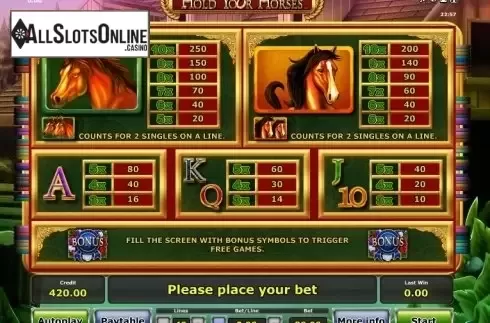 Paytable 2. Hold your horses from Greentube