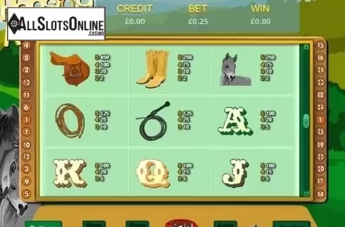 Paytable. Horsing About from Eyecon