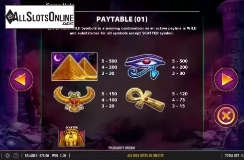 Paytable 1. Pharaoh's Dream from Bally
