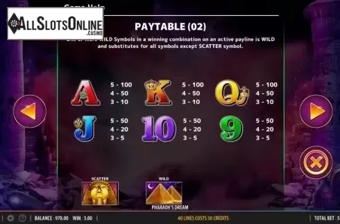 Paytable 2. Pharaoh's Dream from Bally