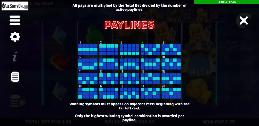 Paylines screen