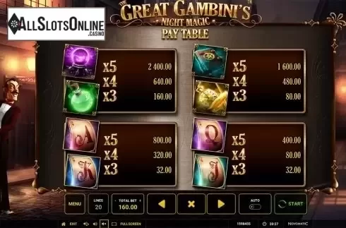 Paytable 1. The Great Gambini's Night Magic from Greentube