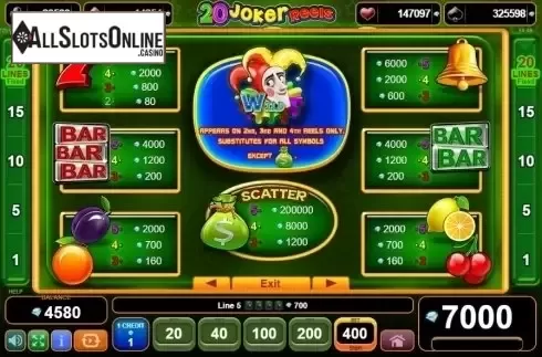 Paytable. 20 Joker Reels from EGT
