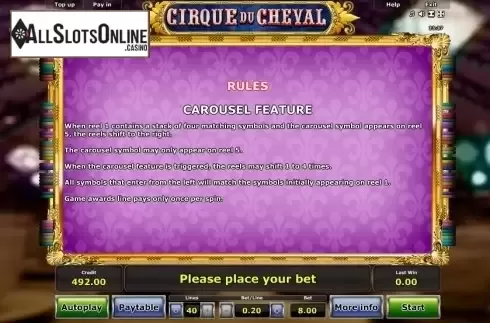 Paytable 3. Cirque du Cheval from Greentube