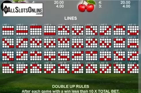 Paylines screen. Fruit Feast from Casino Technology
