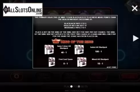 Paytable 1. Mike Tyson Blackjack from Inspired Gaming