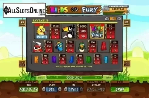 Paytable. Birds of Fury from RTG