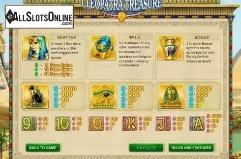 Paytable 1. Cleopatra Treasure from GamesOS