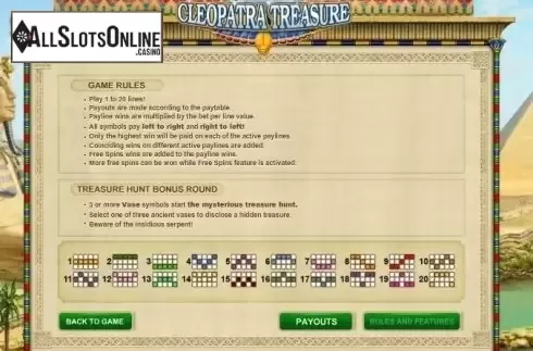 Paytable 2. Cleopatra Treasure from GamesOS