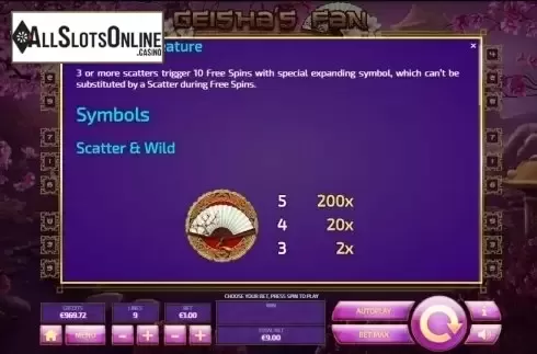 Paytable 1. Geisha's Fan from Tom Horn Gaming