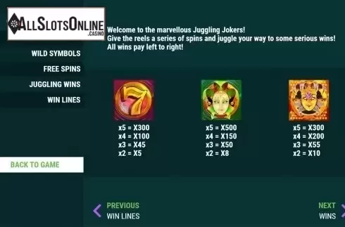 Paytable . Juggling Jokers from Slot Factory