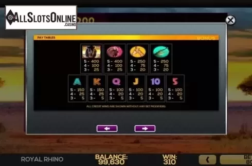 Paytable. Royal Rhino from High 5 Games