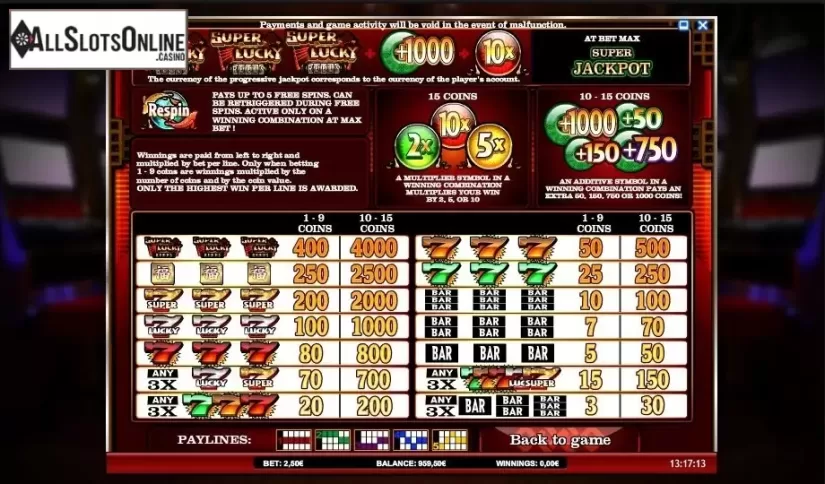 Paytable 1. Super Lucky Reels from iSoftBet