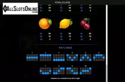 Pay Table / Pay Lines screen