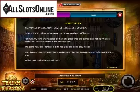 Paytable 1. Trojan Treasure from Ainsworth