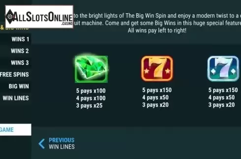 Paytable screen. Big Win Spin from Slot Factory