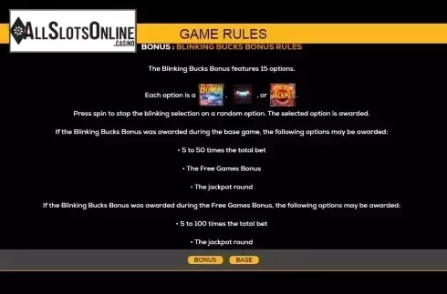 Blinking Bucks feature screen